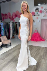 Mermaid Prom Dress White One Shoulder Beaded Long Evening Dress