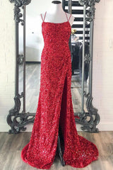 Mermaid Red Prom Dress Sequined Long Evening Dress with Slit