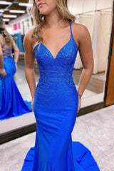 Mermaid Royal Blue Prom Dress Beaded Long Evening Dress with Appliques