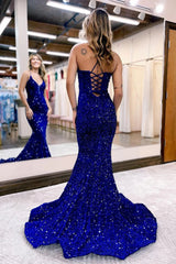 Mermaid Royal Blue Prom Dress Spaghetti Straps Sequined Long Evening Dress