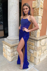 Mermaid Royal Blue Prom Dress Strapless Long Evening Dress With Slit