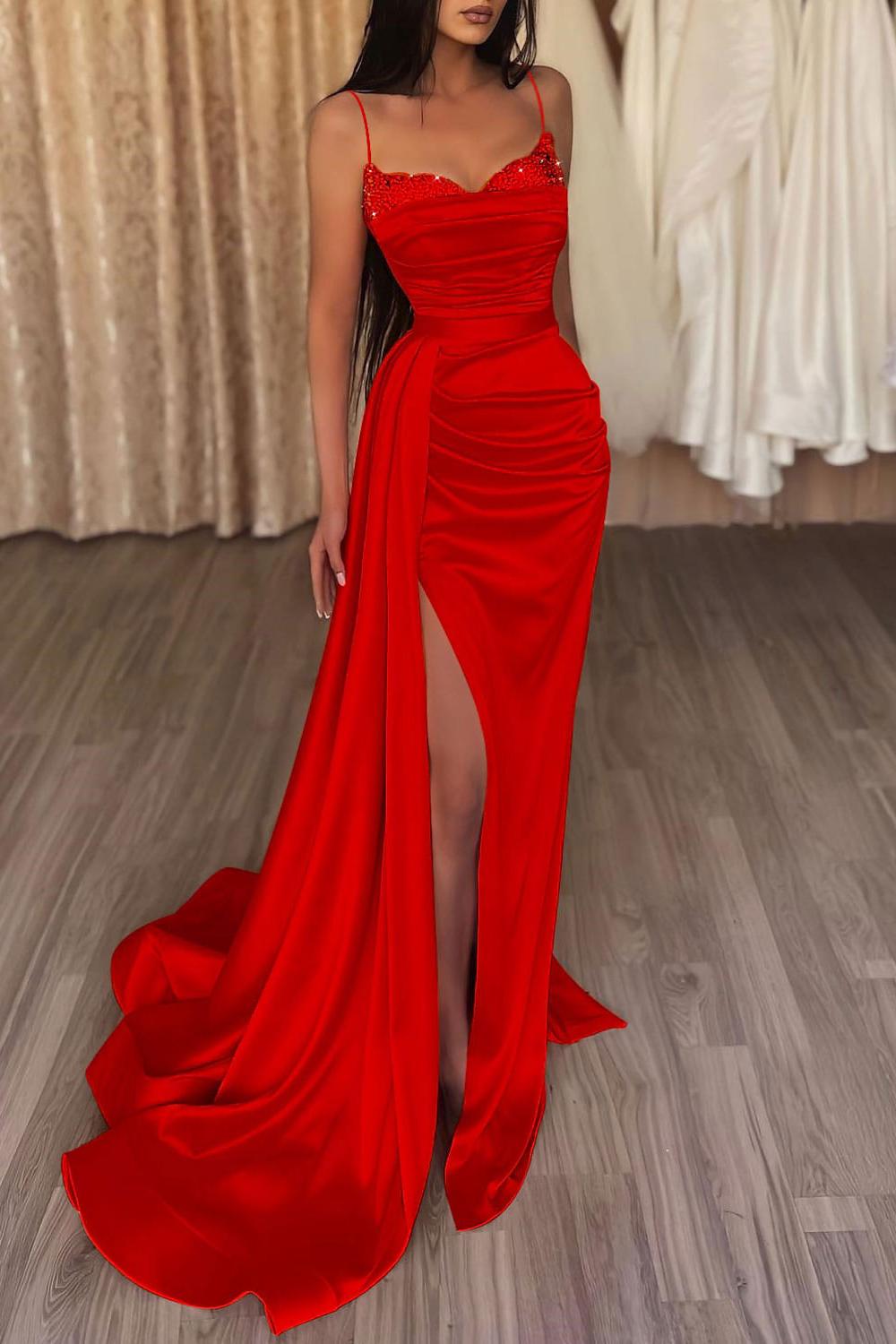 Mermaid Satin Long Red Prom Dress Formal Party Dress Formal Evening Dress