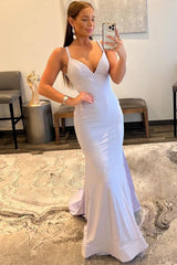 Mermaid Spaghetti Straps Lilac Prom Dress Sequined Long Evening Dress