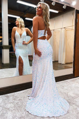 Mermaid Spaghetti Straps Royal Blue Prom Dress Sequined Long Evening Dress with Silt