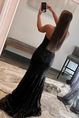 Mermaid Strapless Black Prom Dress Sequined Long Evening Dress with Feather
