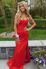 Mermaid Strapless Red Prom Dress Corset Evening Dress with Slit