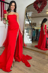Mermaid Strapless Red Prom Dress Long Evening Dress with Slit