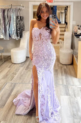 Mermaid Style Lilac Gown With Embroidery And Front Slit Prom Dress Formal Evening Gown