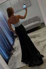 Dressystars Black & Silver Strapless Structured Corset Top Beading Prom Dress With High Slit Formal Evening Gown