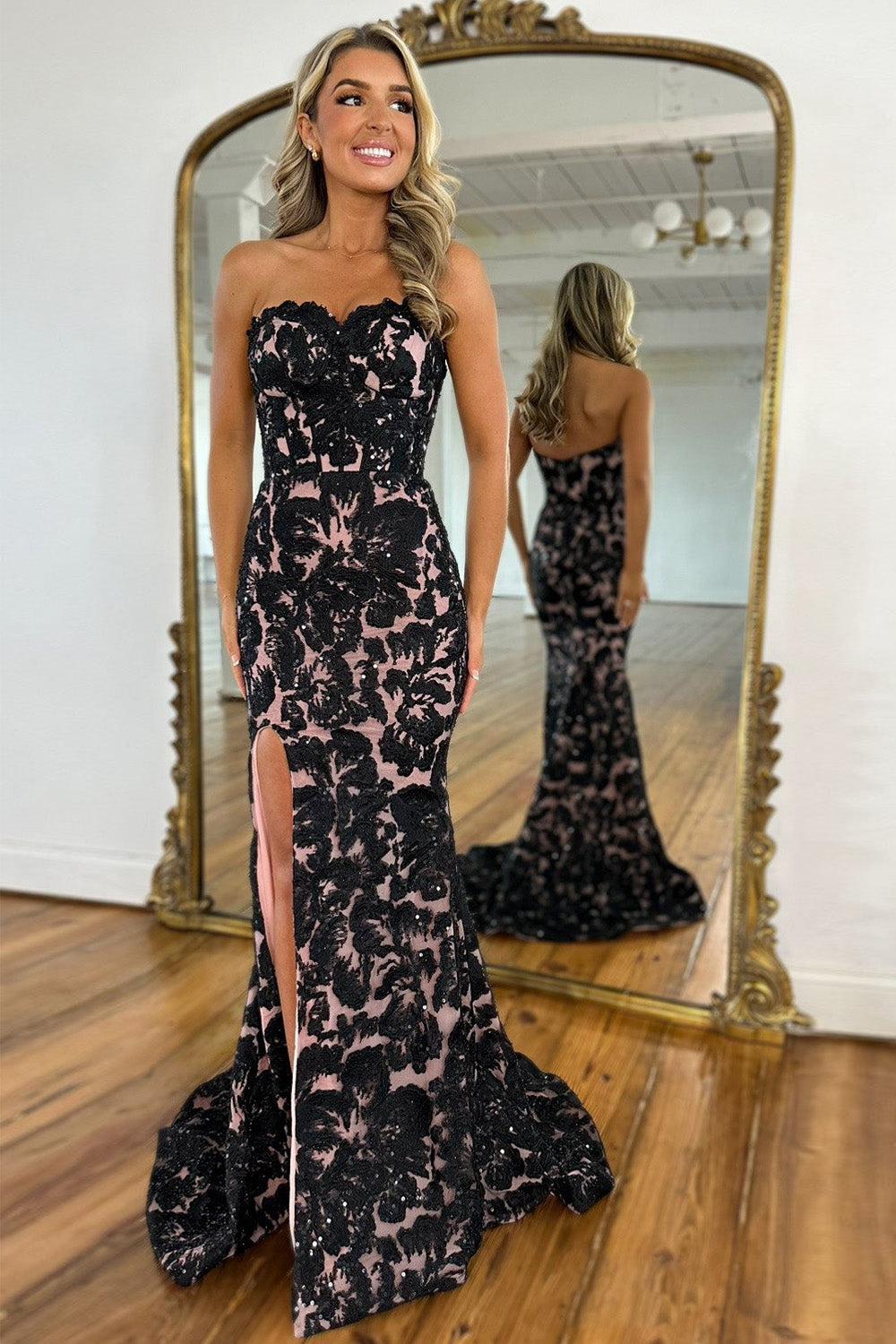 Mermaid Sweetheart Black Long Prom Dress With Appliques Slit Formal Evening Gown