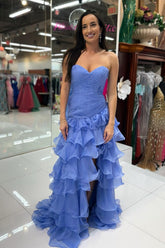 Mermaid Sweetheart Blue Long Prom Dress With Ruffles Formal Evening Gown