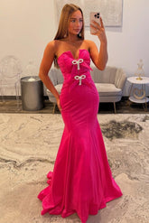 Mermaid Sweetheart Hot Pink Long Prom Dress With Bowknot Beading Formal Evening Gown