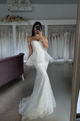 Mermaid Tulle Lace Sweetheart Sleeveless White Wedding Dress Bridal Gown With Appliques