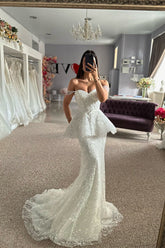 Mermaid Tulle Lace Sweetheart Sleeveless White Wedding Dress Bridal Gown With Appliques