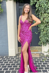 Mermaid V Neck Fuchsia Prom Dress Sequined Long Evening Dress