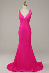 Mermaid V Neck Hot Pink Prom Dress Long Evening Dress with Beading