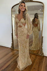 Mermaid V-Neck Sequin Long Prom Dress With Long Sleeves Formal Evening Gown