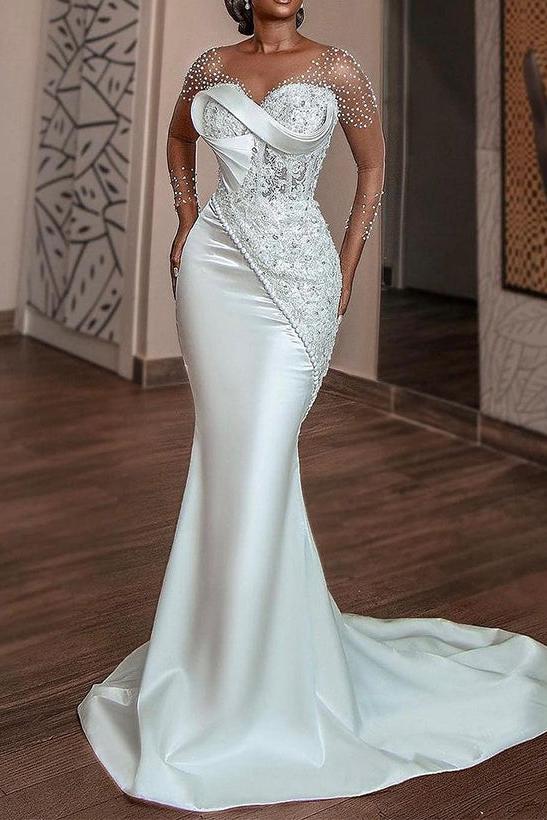 Mermaid V Neck Wedding Dress 3/4 Sleeves Satin Bridal Dress with Beaded Lace Appliques
