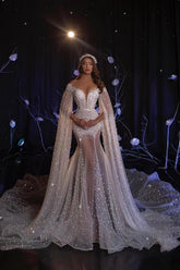Mermaid Wedding Dress Cap Sleeve Crew Neck Bridal Gown With Sequins