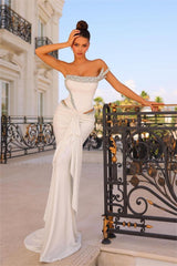 Mermaid Wedding Dress Cap Sleeve One Shoulder Formal Dress With Beadings