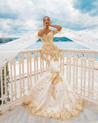 Mermaid Wedding Dress Ivory and Gold Half Sleeve Cape Bridal Gown