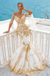 Mermaid Wedding Dress Ivory and Gold Half Sleeve Cape Bridal Gown