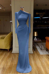 Mermaid Wedding Dress Long Sleeve Asymmetric Neck Satin Bridal Gown