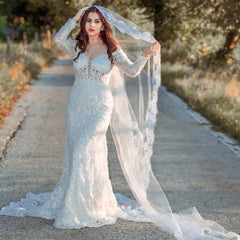 Mermaid Wedding Dress Long Sleeve Ivory Bridal Gown with Lace Appliques