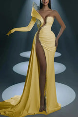 Mermaid Wedding Dress Long Sleeve One Shoulder Formal Dress With Beadings and Rhinestones