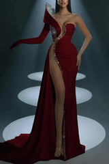 Mermaid Wedding Dress Long Sleeve One Shoulder Formal Dress With Beadings and Rhinestones