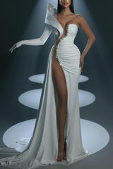 Mermaid Wedding Dress Long Sleeve One Shoulder Formal Dress With Beadings and Rhinestones