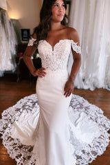 Mermaid Wedding Dress Off The Shoulder Sweetheart Sleeveless Appliques Satin Lace Train Bridal Gown