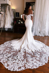 Mermaid Wedding Dress Off The Shoulder Sweetheart Sleeveless Appliques Satin Lace Train Bridal Gown