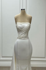 Mermaid Wedding Dress Satin Strapless Sleeveless Ivory Bridal Gown With Beading