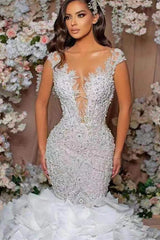 Mermaid Wedding Dress Sleeveless Crew Neck Organza Bridal Gown With Beadings and Rhinestones