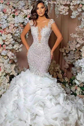 Mermaid Wedding Dress Sleeveless Crew Neck Organza Bridal Gown With Beadings and Rhinestones