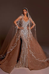 Mermaid Wedding Dress Spaghetti Straps Beaded Tulle Bridal Gown with Panel Train