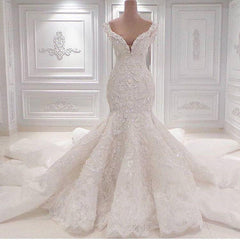 Mermaid Wedding Dress V Neck Beaded Lace Appliques Bridal Dress