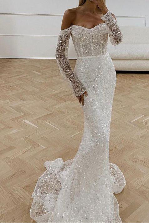 Mermaid Wedding Dress with Sequined Long Sleeves