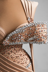 Mermaid Formal Dress Champagne Sweetheart Neck Prom Dress with Beadings and Rhinestones