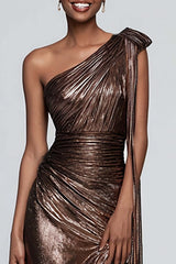 Dressystars Metallic Brown One Shoulder Long Mermaid Prom Dress With Slit