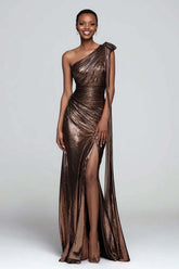 Dressystars Metallic Brown One Shoulder Long Mermaid Prom Dress With Slit