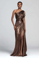Dressystars Metallic Brown One Shoulder Long Mermaid Prom Dress With Slit