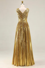 Dressystars Metallic Gold Ruched V-Neck A-Line Long Prom Dress With Slit