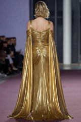 Dressystars Metallic Golden Cold Shoulder Long Gala Dress With Slit