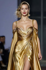 Dressystars Metallic Golden Cold Shoulder Long Gala Dress With Slit