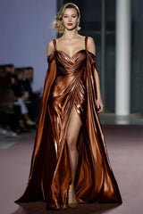 Dressystars Metallic Golden Cold Shoulder Long Gala Dress With Slit