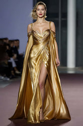 Dressystars Metallic Golden Cold Shoulder Long Gala Dress With Slit