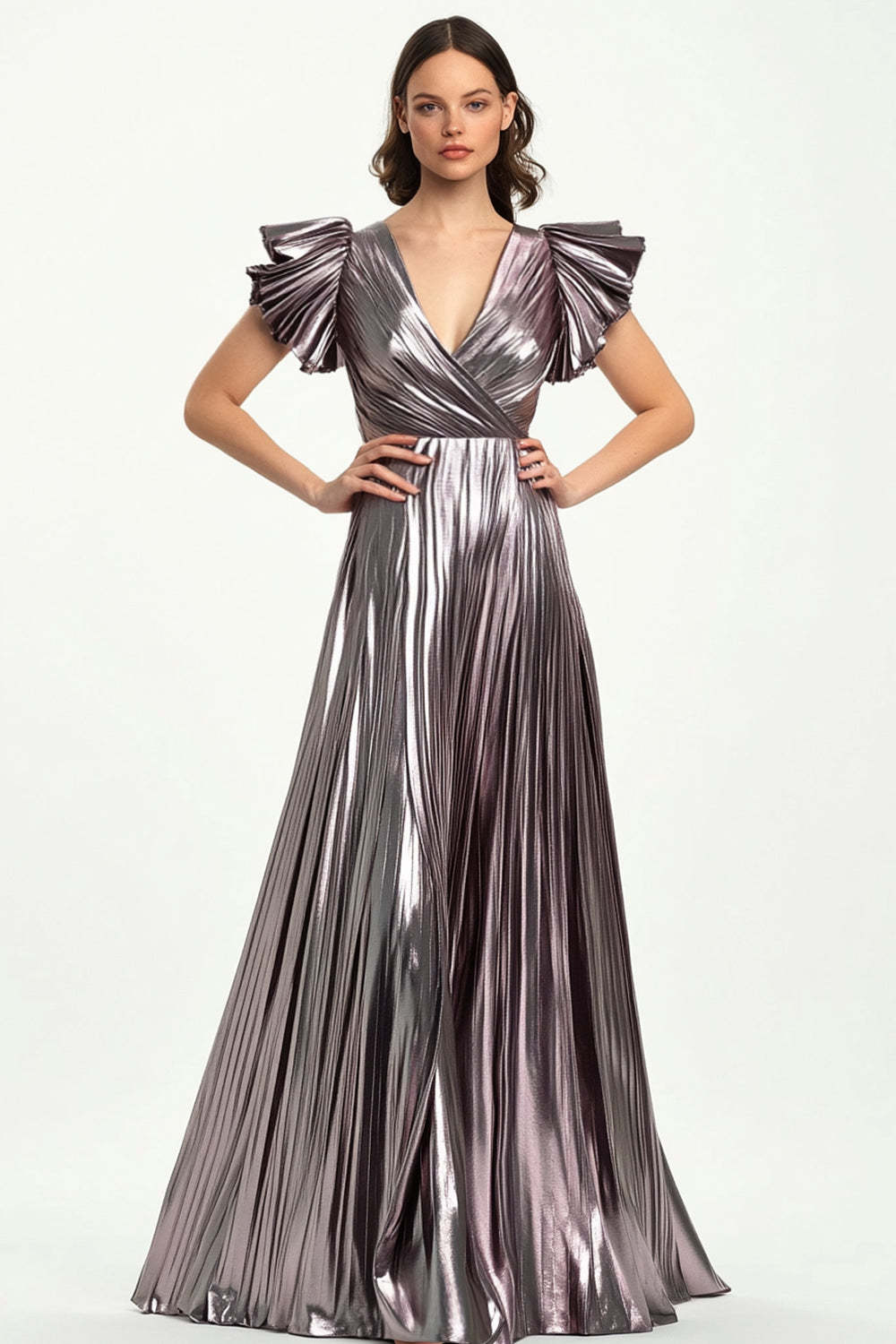 Metallic Taro Purple Wedding Guest Dress Pleated Formal Dress With Short Ruffled Sleeves