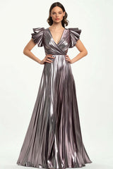 Metallic Taro Purple Wedding Guest Dress Pleated Formal Dress With Short Ruffled Sleeves